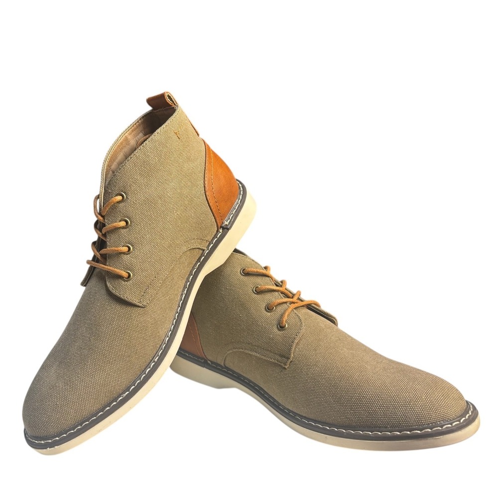 London Fog Canvas Chukka Ankle Desert Boots Shoes Tan Brown Leather Trim Men's 1